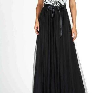 Black And White Sequence Tulle Evening Gown with Floral Bodice Lace